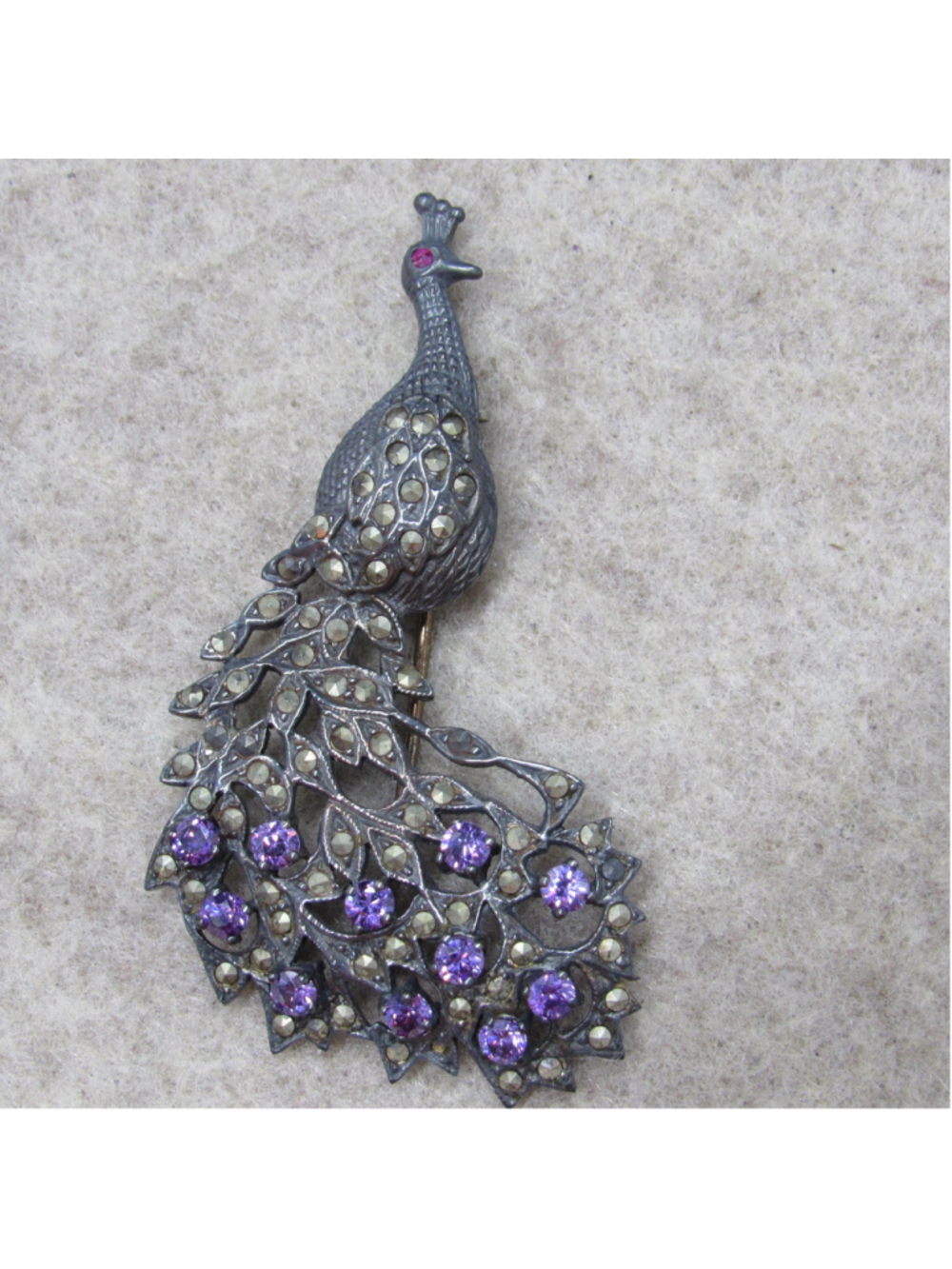 Vintage Sterling Silver 925 Marcasite Peacock Brooch Purple Amethyst Pin